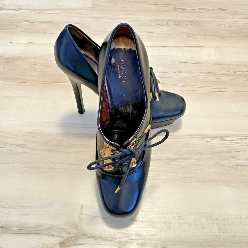 Gucci Heels‎ Scar Pelle S Cuoio Nero Baby Lux 9B High Heel Platform Shoes